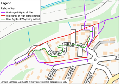 Updating Rights of way mapping: green is added, red is removed