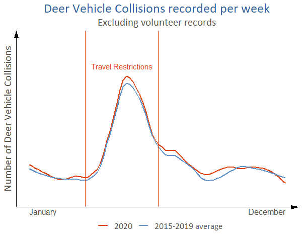 DVC frequency per week in 2020 (red line) and the average DVC frequency per week from 2015 to 2019 (blue line) from data not collected by volunteers. The start and end of the period where travel restrictions were enforced in 2020 due to the Covid-19 pandemic is shown as vertical red lines. The two lines on the chart are almost identical, suggesting that the number of DVCs per week were not affected by lockdown