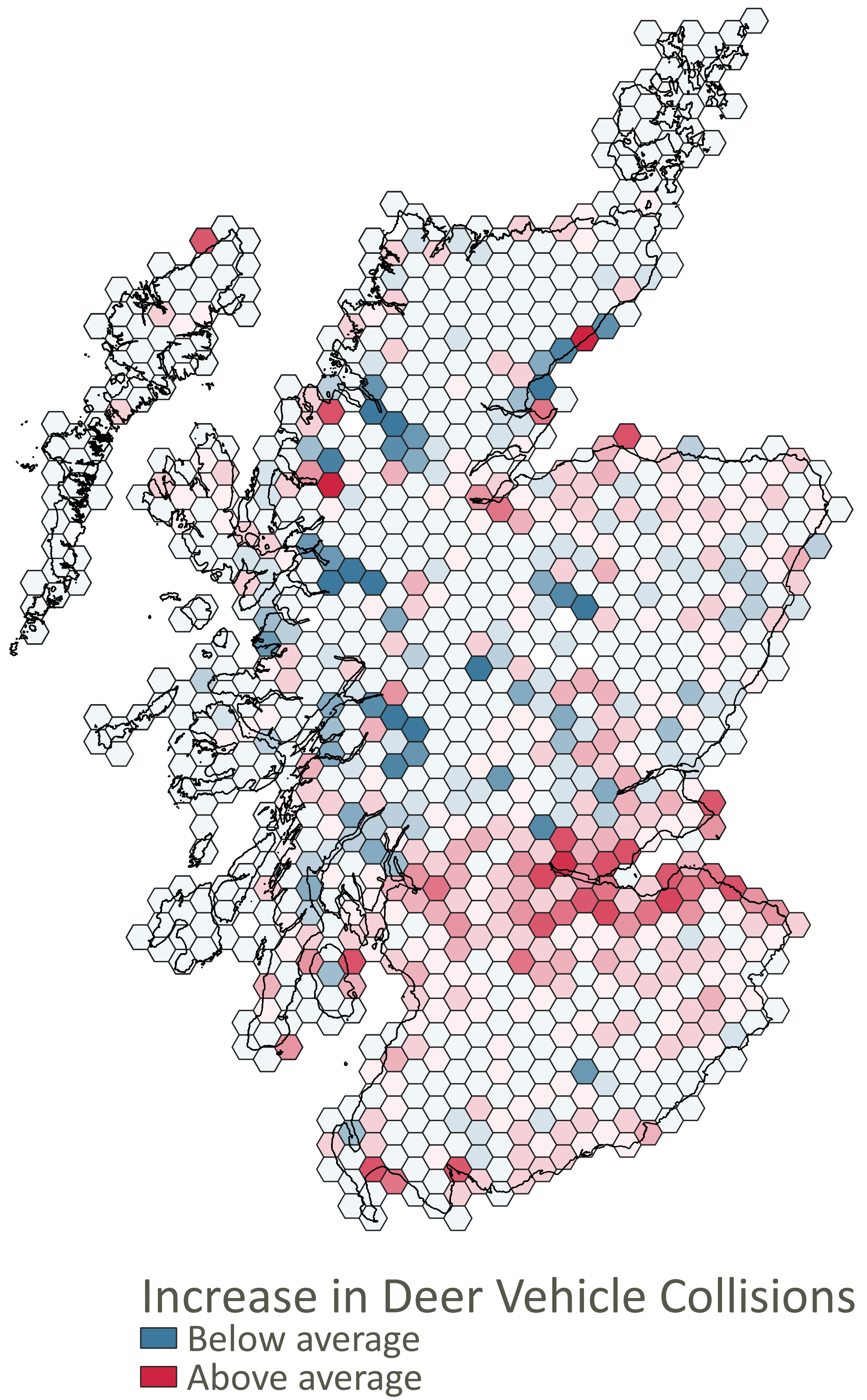 Change in the average number of DVCs per kilometre of road per year between 2008 to 2017 and 2018 to 2021 for the entire road network, calculated using all DVC records. White cells represent the average change rather than zero change, red cells indicate an above average increase in the number of DVCs per kilometre of road per year, whilst green cells indicate a blow average change. © Crown copyright (and database rights) 2022.