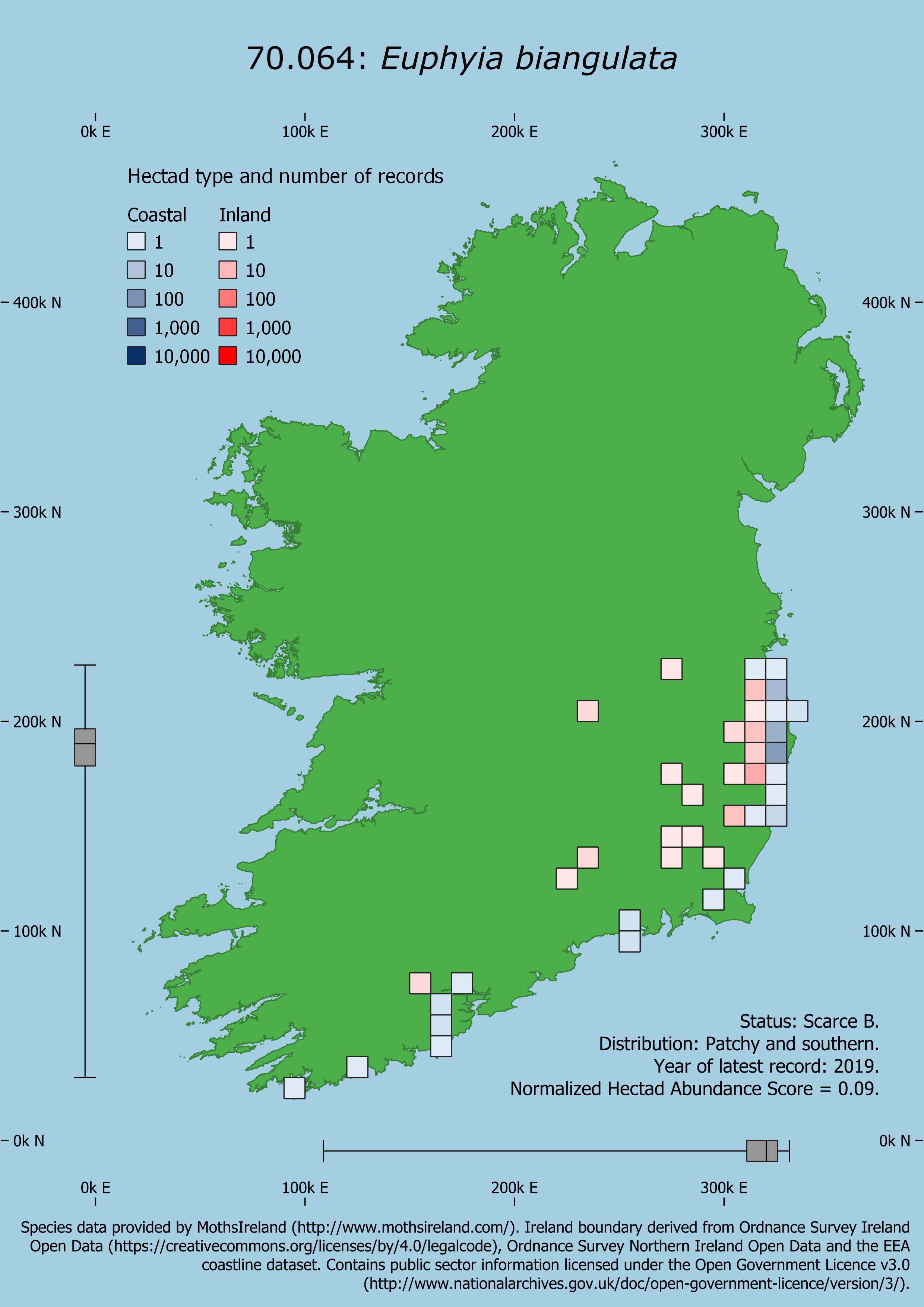 Example invertebrate status distribution map for the Cloaked Carpet moth Euphyia biangulata in Ireland