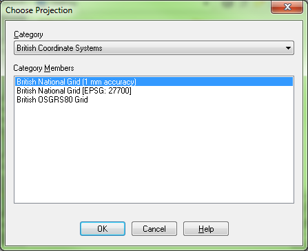 The MapInfo Choose Projection dialogue, altered so that the British National Grid projection defaults to 1 mm accuracy