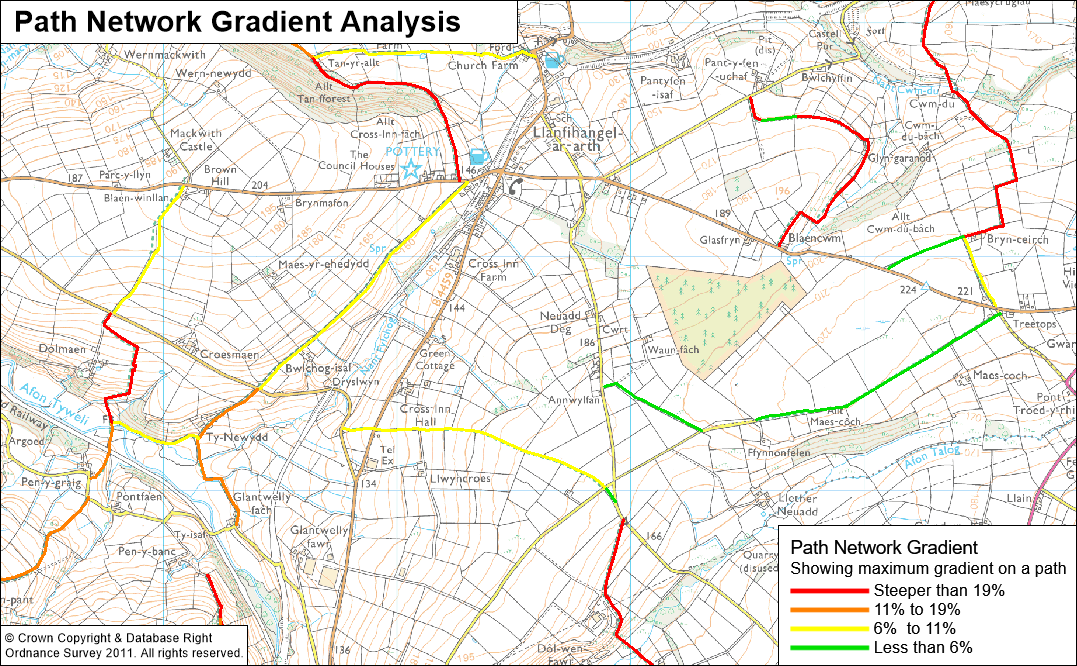 Map showing path network coloured by maximum gradient